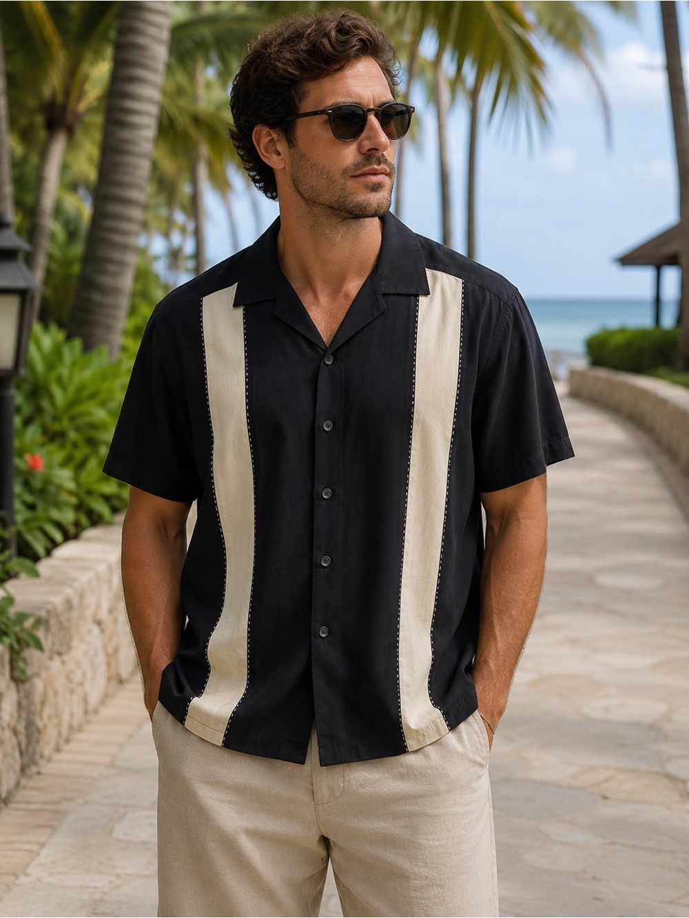 Axis LA 100% Silk Black Camp Shirt Bowling Shirt Men’s XL Beige Stripe